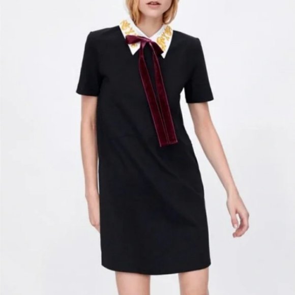 Zara Black White Embroidered Collar Mini Dress Sz M - Picture 5 of 14